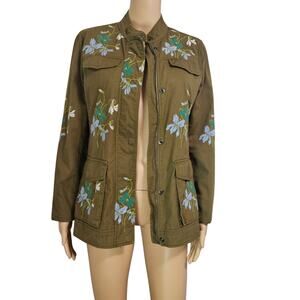 Olive Embroidered Floral Belted Zip Up Utility Standing Collar Jacket Size Med